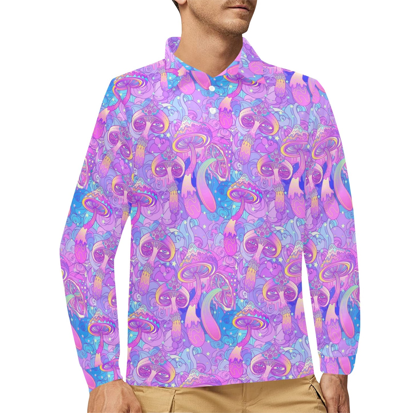 Psychedelic Trippy Mushroom Print Long Sleeve Polo Shirt For Men's