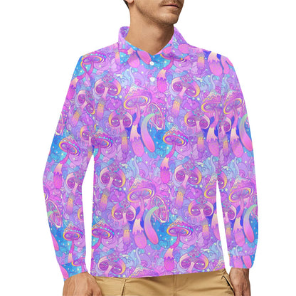 Psychedelic Trippy Mushroom Print Long Sleeve Polo Shirt For Men's
