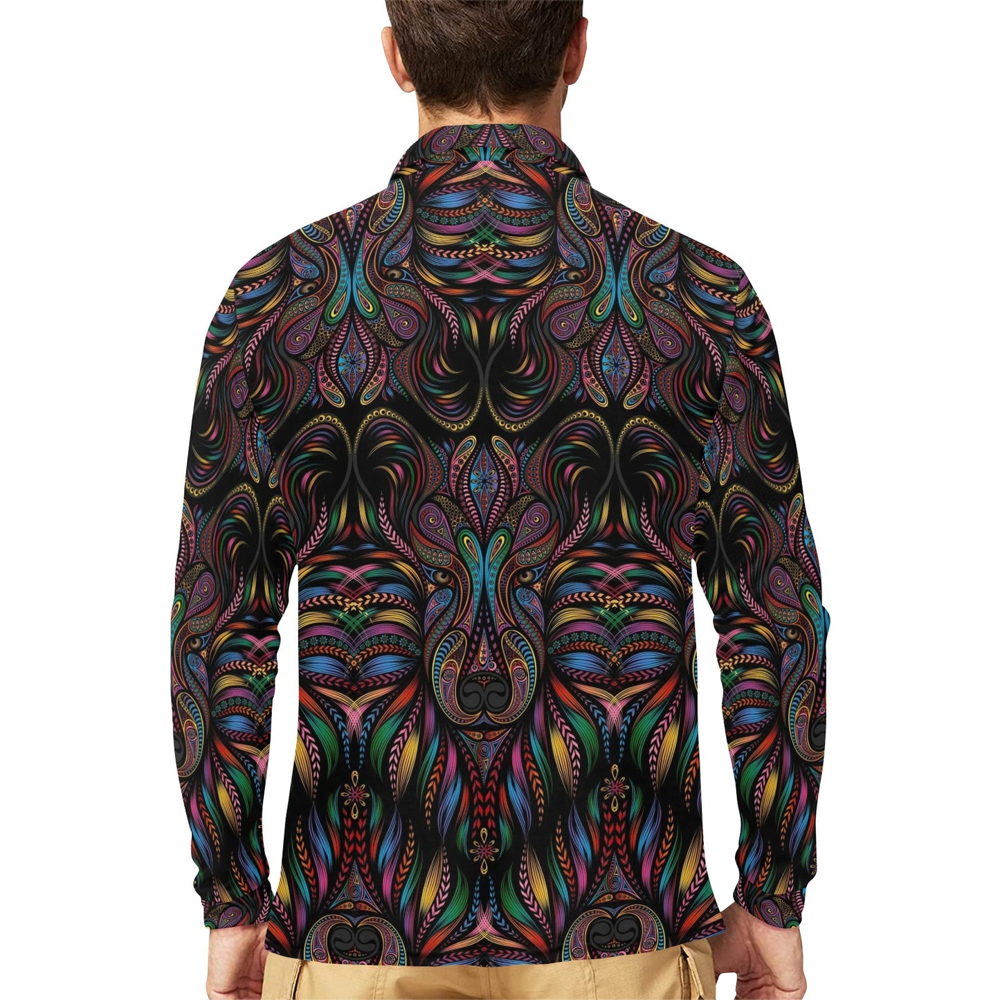 Colorful Art Wolf Long Sleeve Polo Shirt For Men's