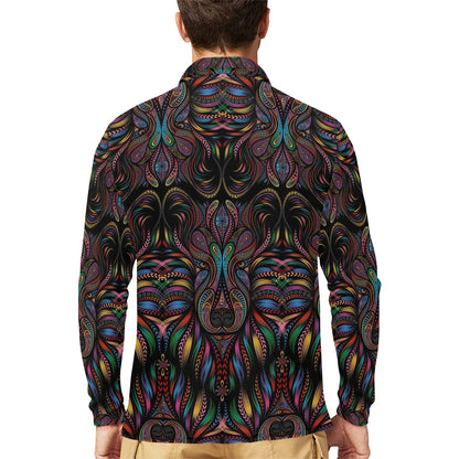 Colorful Art Wolf Long Sleeve Polo Shirt For Men's