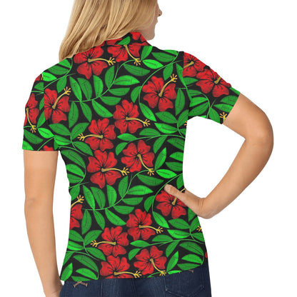 Red Hibiscus Embroidered Pattern Print Design HB032 Women's Polo Shirt