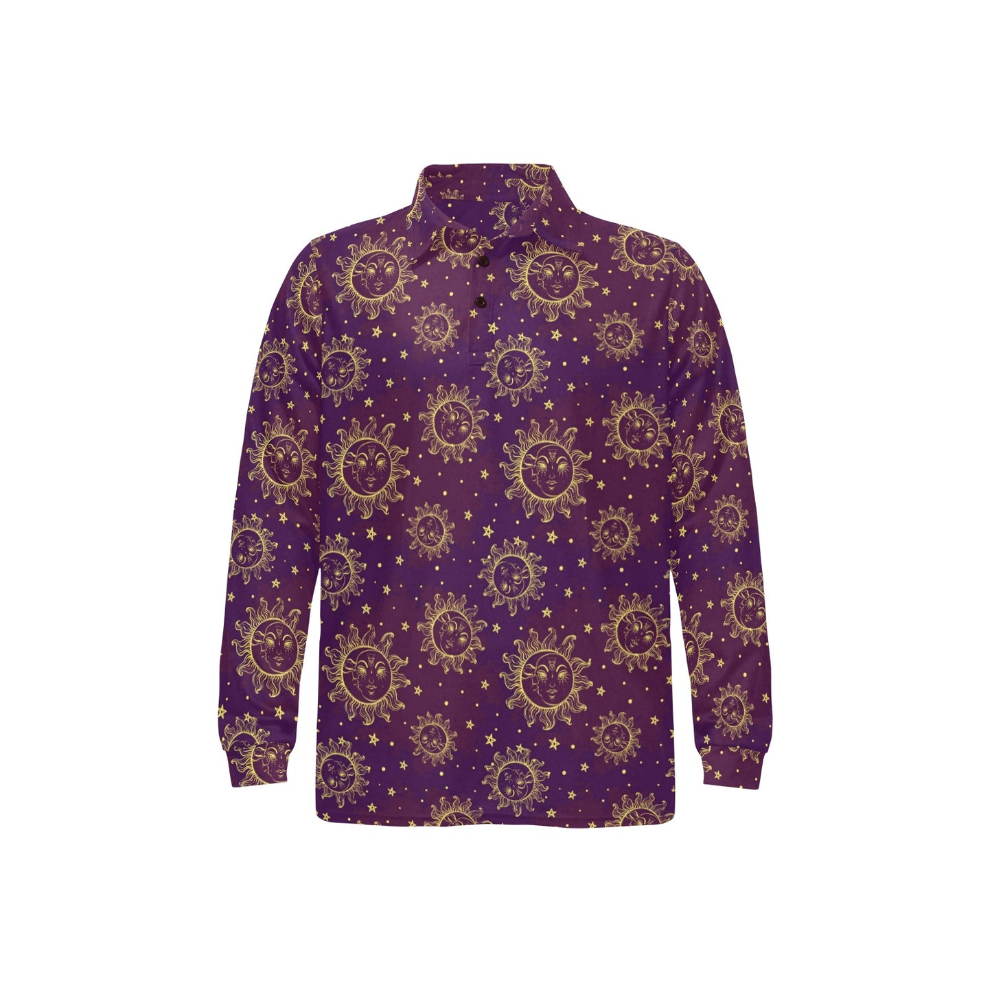 Sun Moon Star Design Themed Print Long Sleeve Polo Shirt For Men's