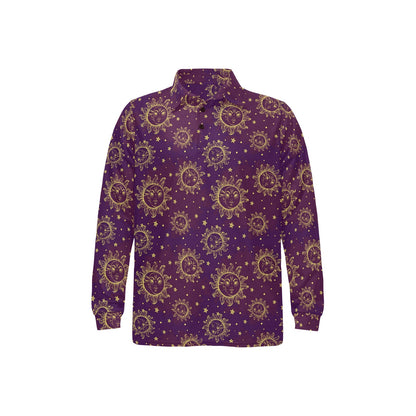 Sun Moon Star Design Themed Print Long Sleeve Polo Shirt For Men's