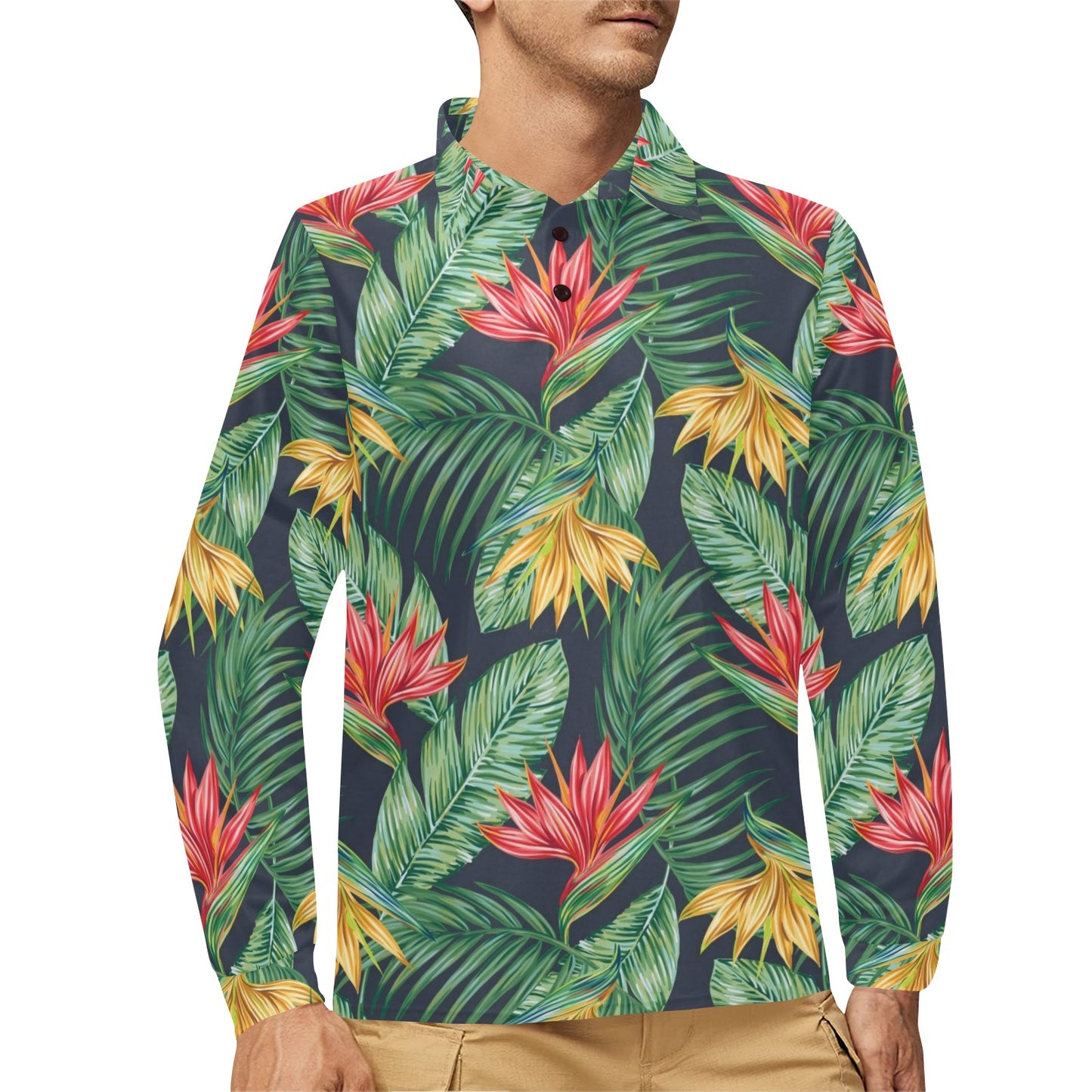 Bird Of Paradise Pattern Print Design BOP09 Long Sleeve Polo Shirt For Men's