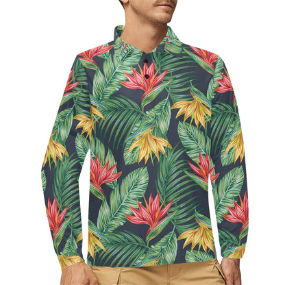 Bird Of Paradise Pattern Print Design BOP09 Long Sleeve Polo Shirt For Men's