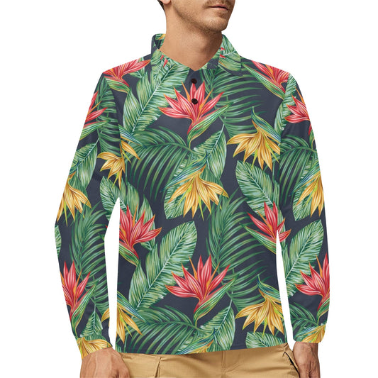 Bird Of Paradise Pattern Print Design BOP09 Long Sleeve Polo Shirt For Men's