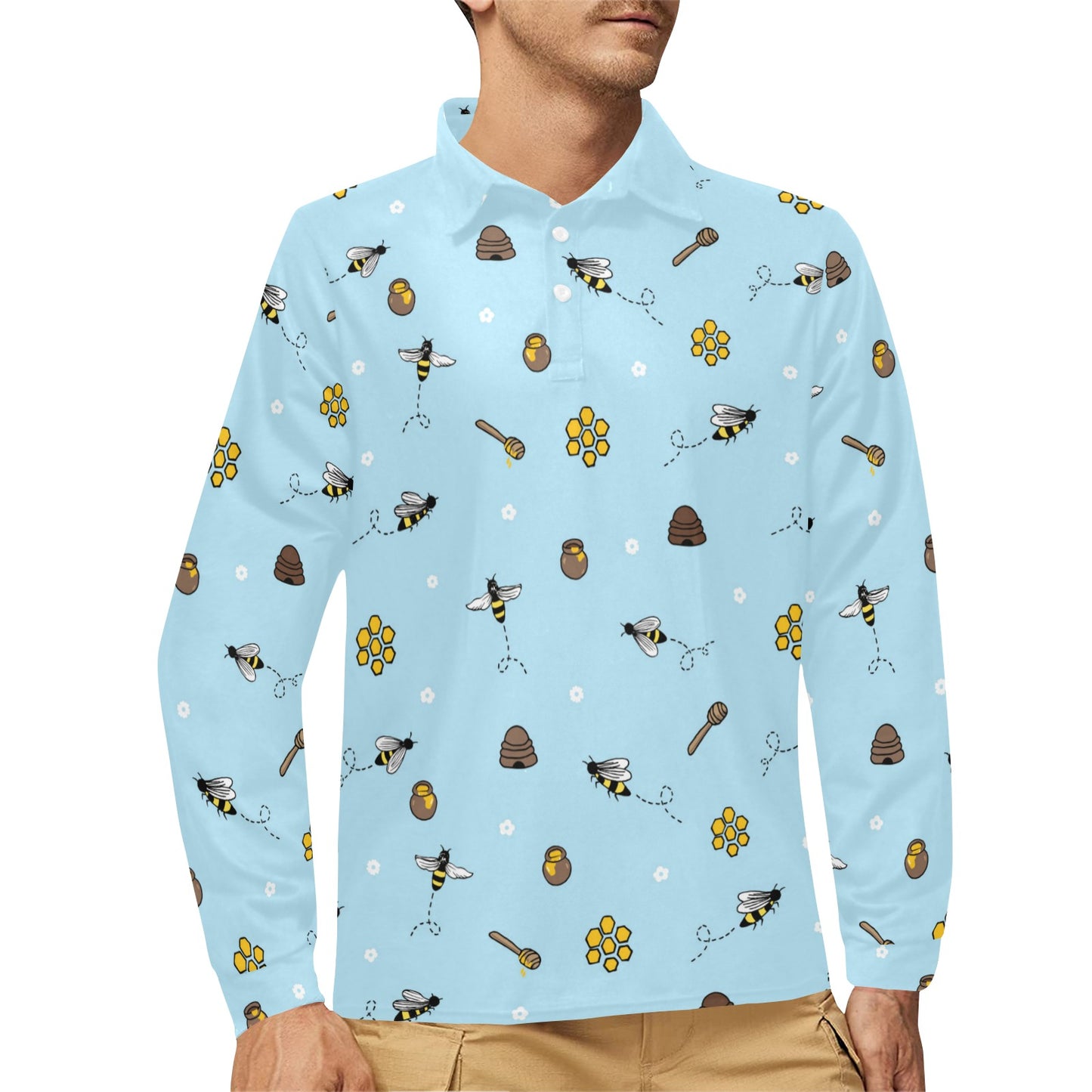 Honey Bee Print Design LKS307 Long Sleeve Polo Shirt For Men's