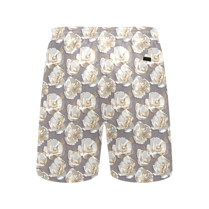 Elegant Grey Flower Print Men's Swim Trunks Beach Shorts