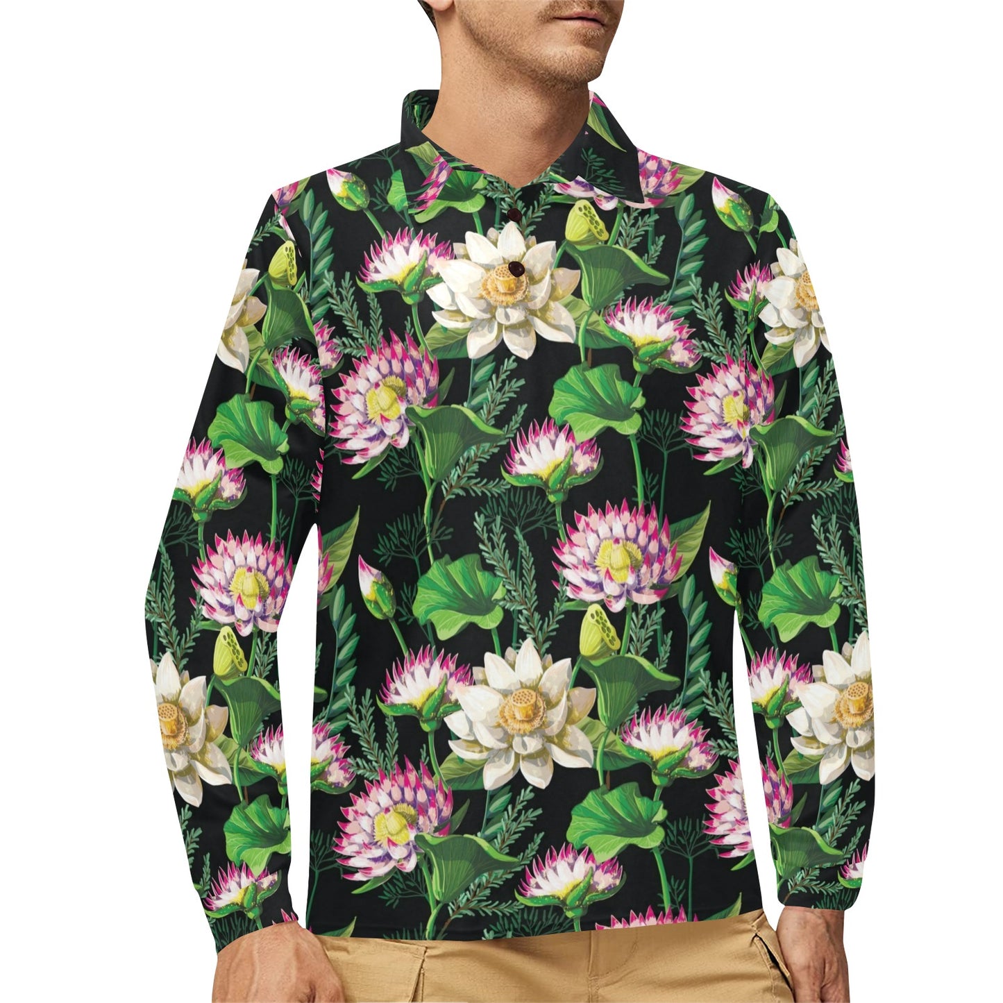 Water Lily Pattern Print Design WL010 Long Sleeve Polo Shirt For Men's