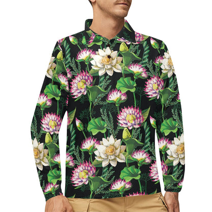Water Lily Pattern Print Design WL010 Long Sleeve Polo Shirt For Men's