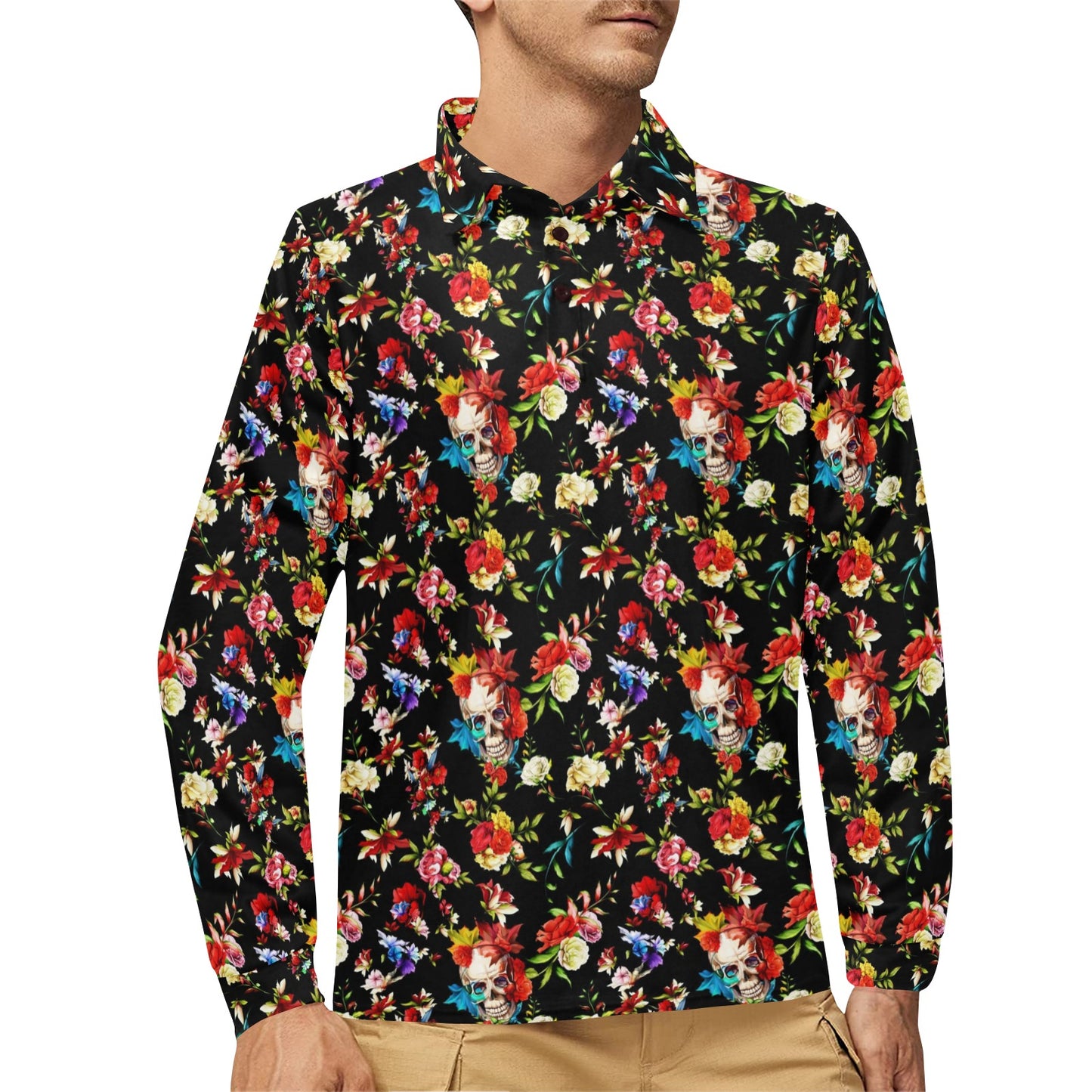 Skull Roses Flower Design Themed Print Long Sleeve Polo Shirt For Men's