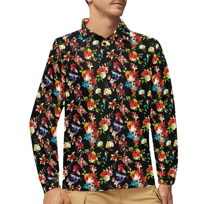 Skull Roses Flower Design Themed Print Long Sleeve Polo Shirt For Men's
