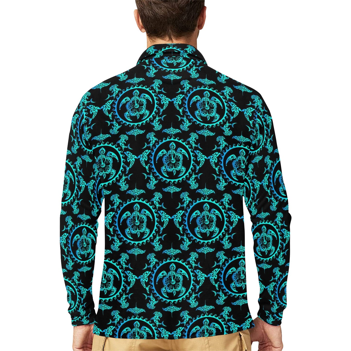 turquoise Tribal Sea Turtle Hawaiian Long Sleeve Polo Shirt For Men's