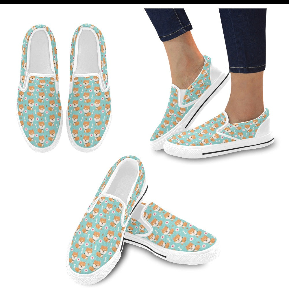 Shiba Inu Print Design LKS3013 White Slip Ons Canvas Women's Shoes