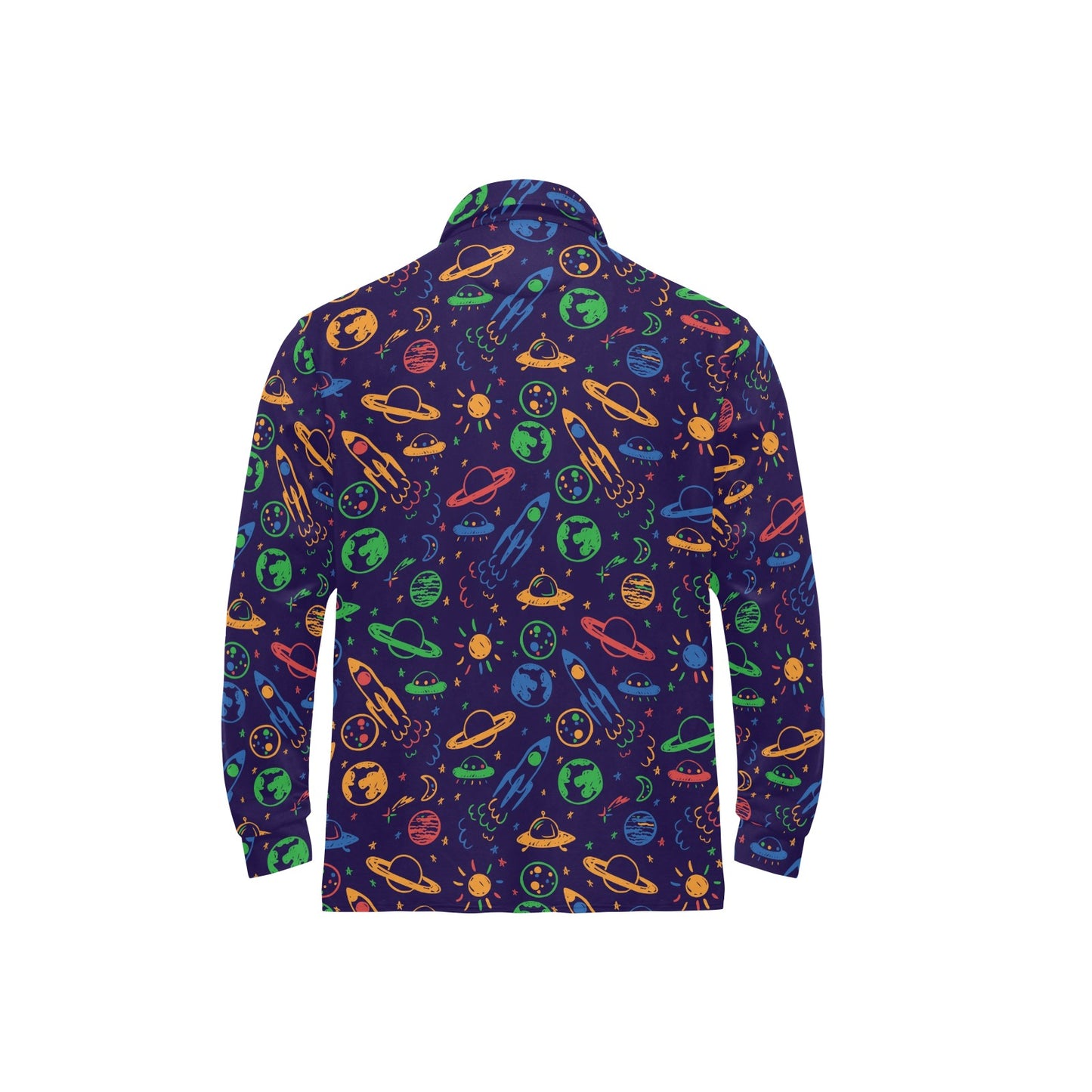 UFO Space Rocket Print Design LKS302 Long Sleeve Polo Shirt For Men's