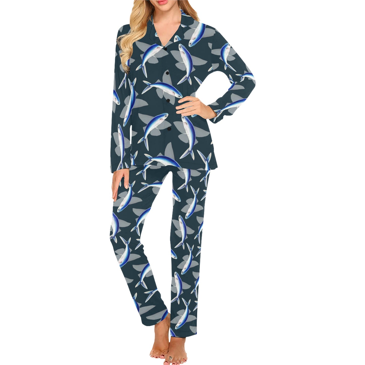 Flying Fish Pattern Print Design 04 Women's Long Pajama Set