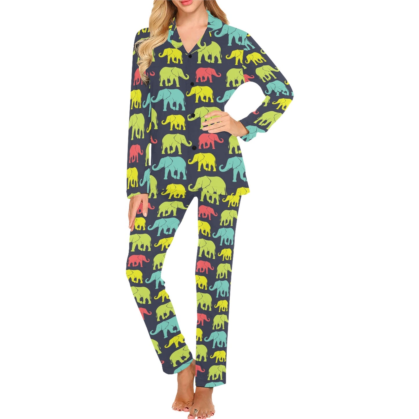 Elephant Neon Color Print Pattern Women's Long Pajama Set