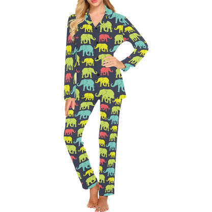 Elephant Neon Color Print Pattern Women's Long Pajama Set