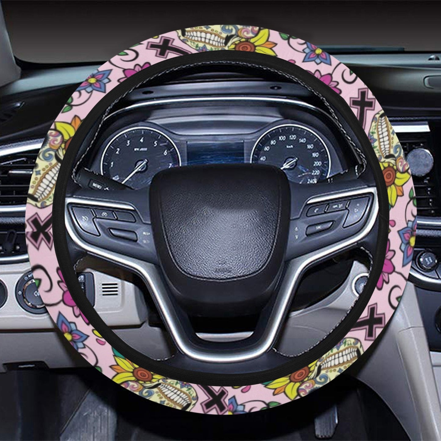 Sugar Skull Print Design LKS307 Steering Wheel Cover with Elastic Edge