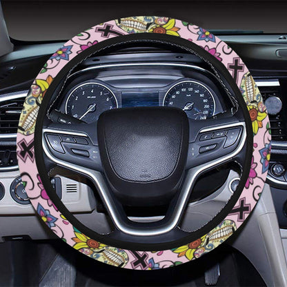 Sugar Skull Print Design LKS307 Steering Wheel Cover with Elastic Edge
