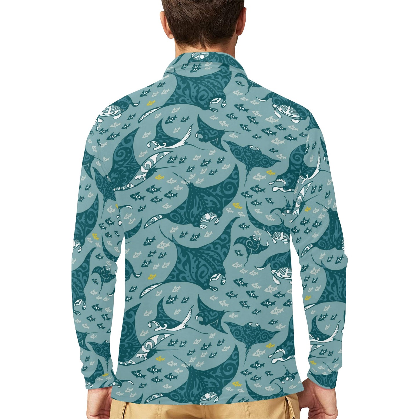 Manta Ray Tribal Pattern Print Design 03 Long Sleeve Polo Shirt For Men's