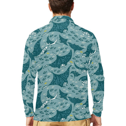 Manta Ray Tribal Pattern Print Design 03 Long Sleeve Polo Shirt For Men's