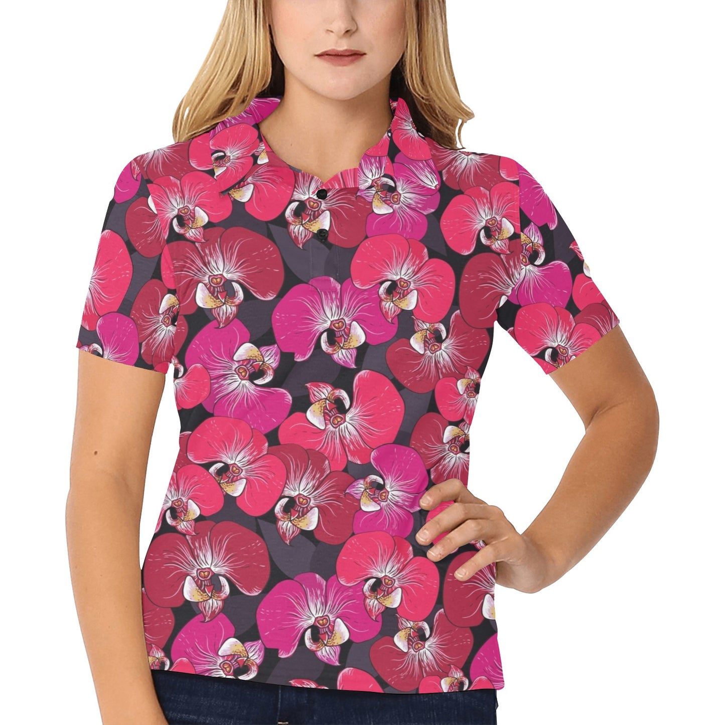 Orchid Red Pattern Print Design OR05 Women's Polo Shirt