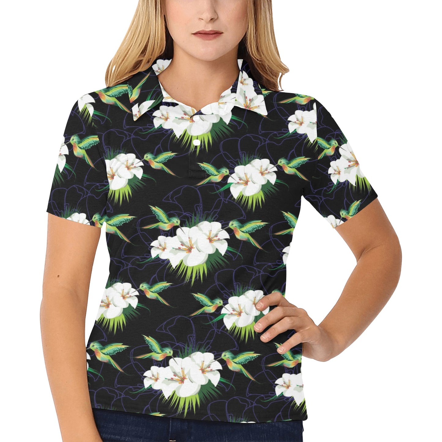 Hummingbird with Flower Pattern Print Design 03 Women's Polo Shirt