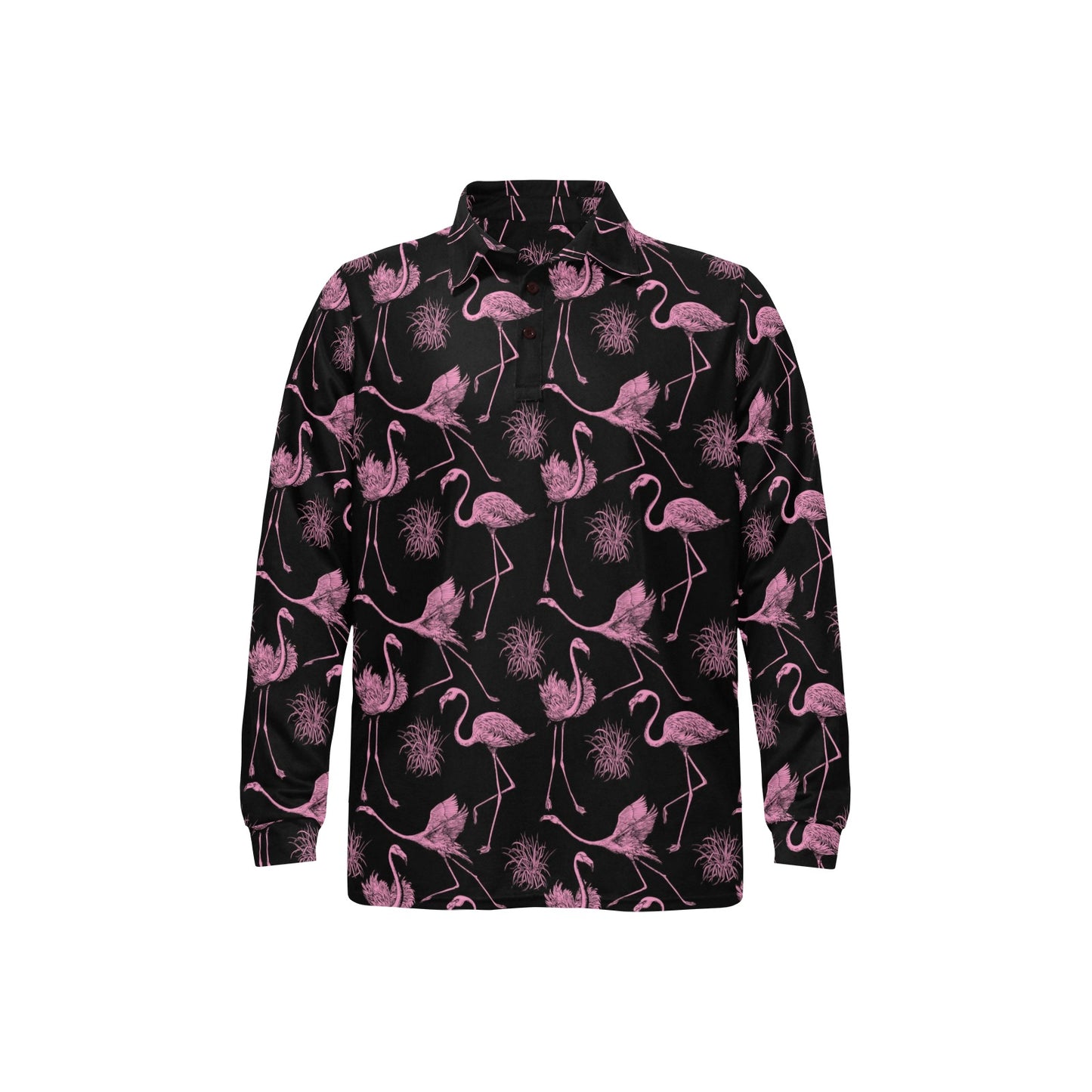 Flamingo Pink Print Pattern Long Sleeve Polo Shirt For Men's