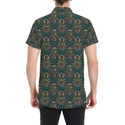 Sun Moon Print Design LKS307 Men Short Sleeve Button Up Shirt