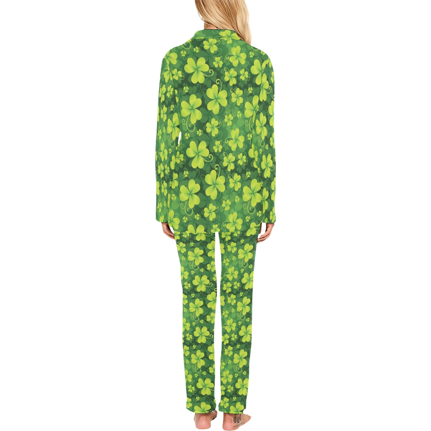 Shamrock Clover Print Women's Long Pajama Set