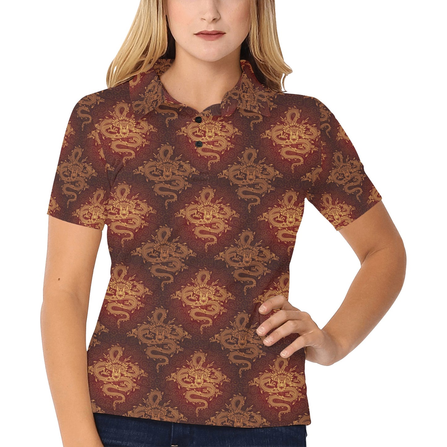 Chinese Dragons Gold Design Women's Polo Shirt