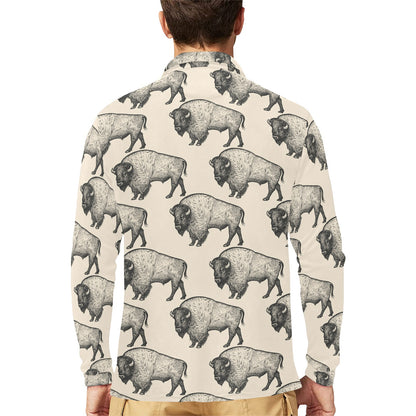 Bison Pattern Print Design 02 Long Sleeve Polo Shirt For Men's