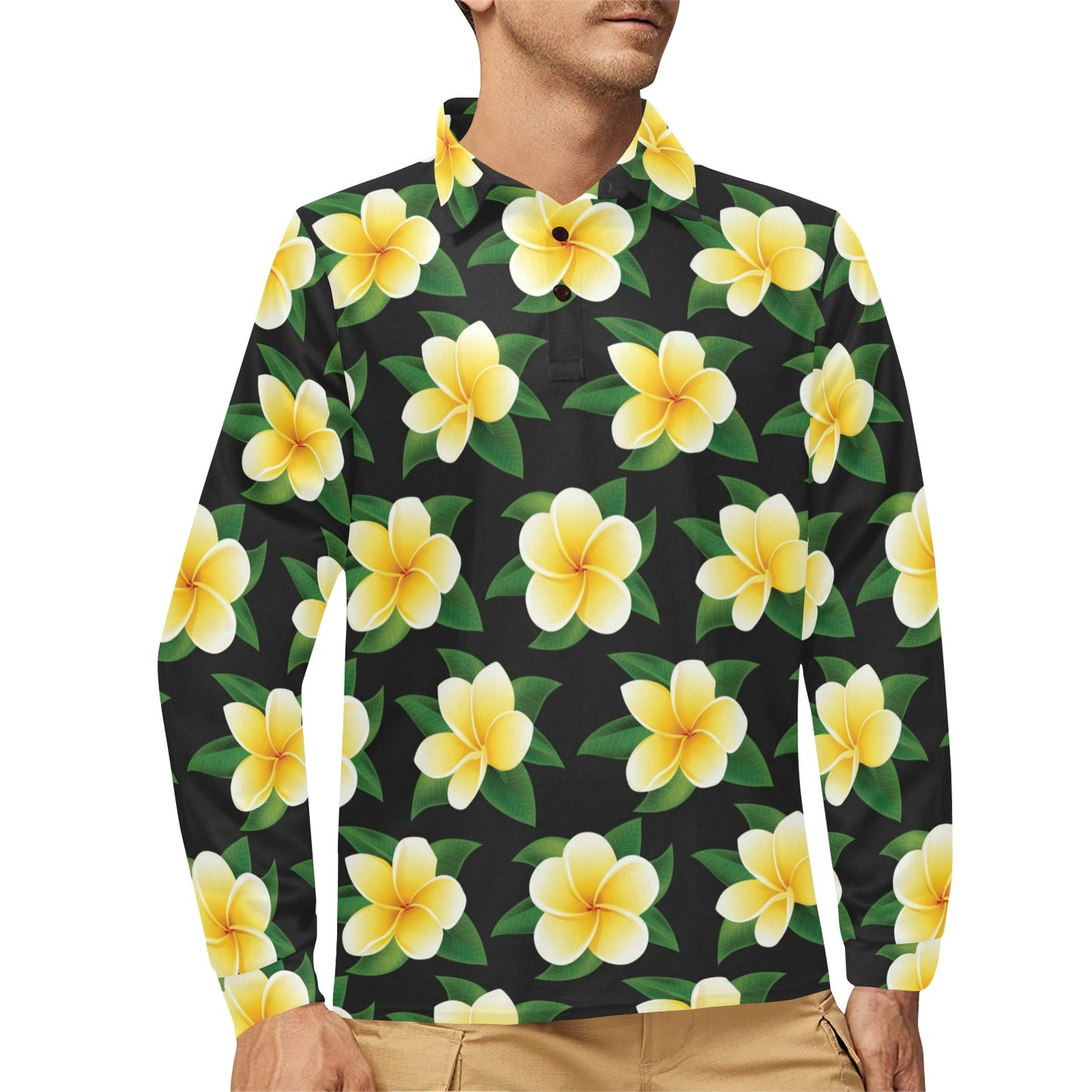 Plumeria Pattern Print Design A03 Long Sleeve Polo Shirt For Men's