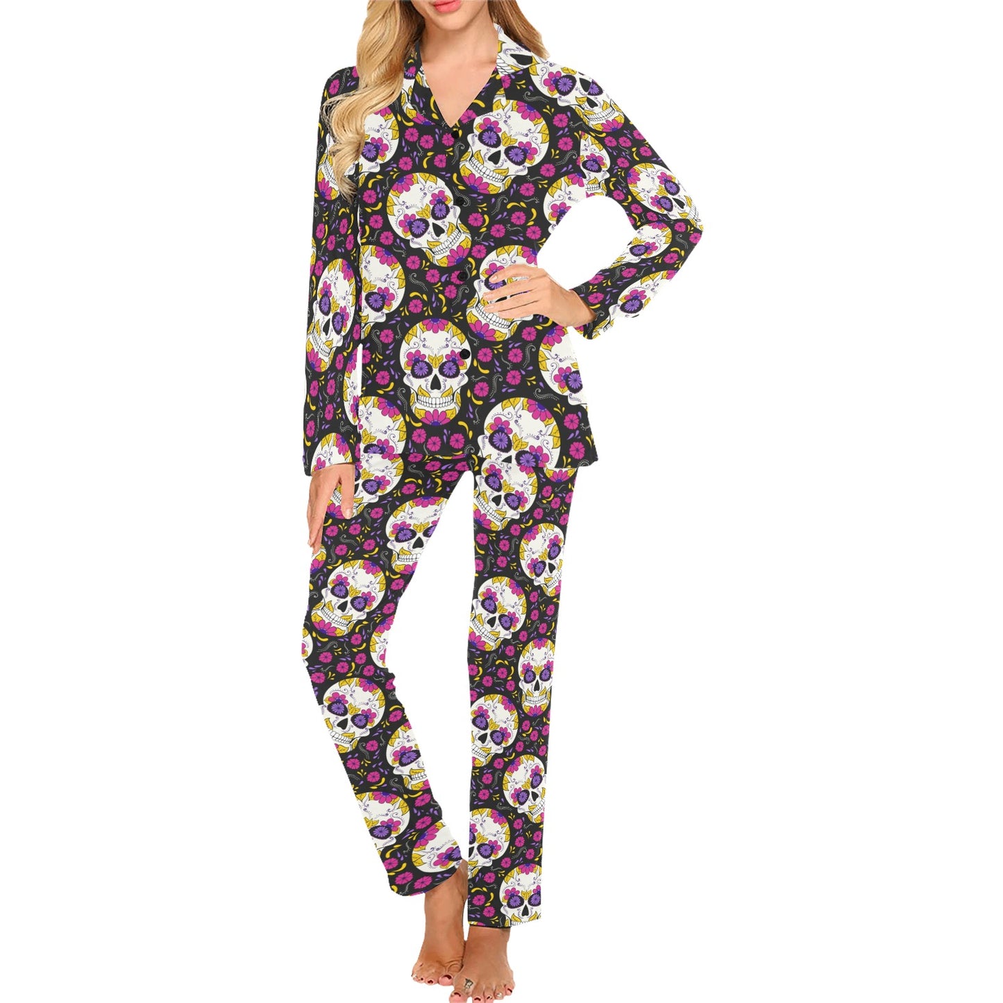 sugar skull Floral Pattern Women's Long Pajama Set