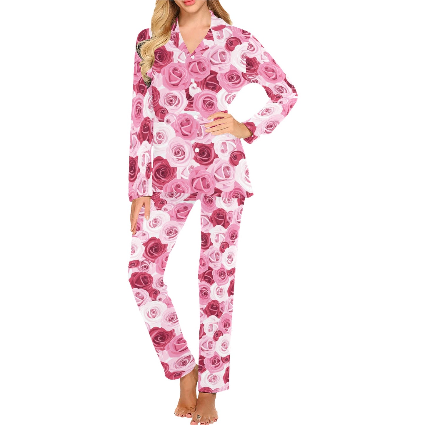 Pink Red Rose Pattern Print Women's Long Pajama Set