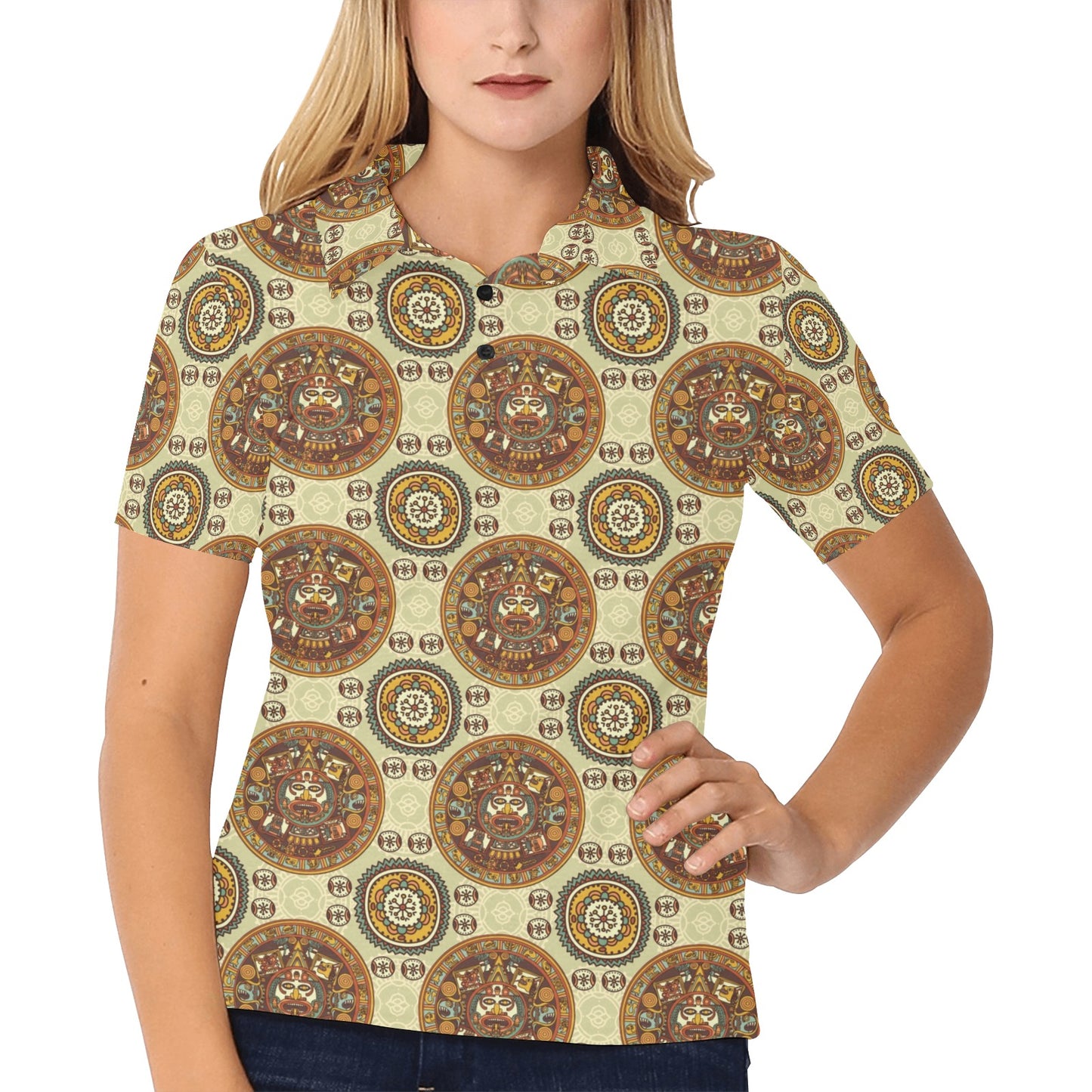 Calendar Aztec Themed Print Pattern Women's Polo Shirt