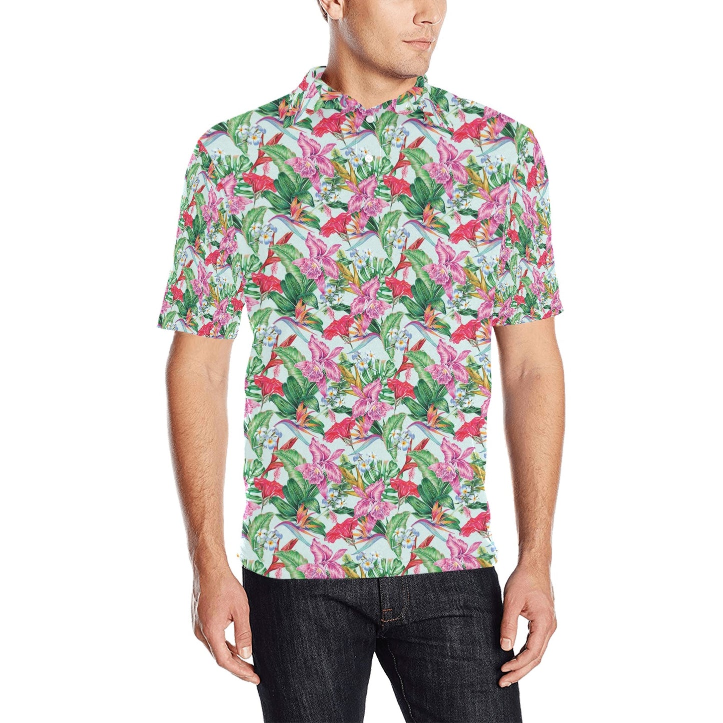 Tropical Flower Print Design LKS304 Men Polo Shirt