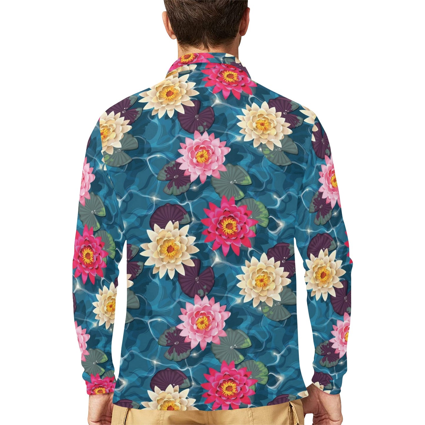 Water Lily Pattern Print Design WL05 Long Sleeve Polo Shirt For Men's