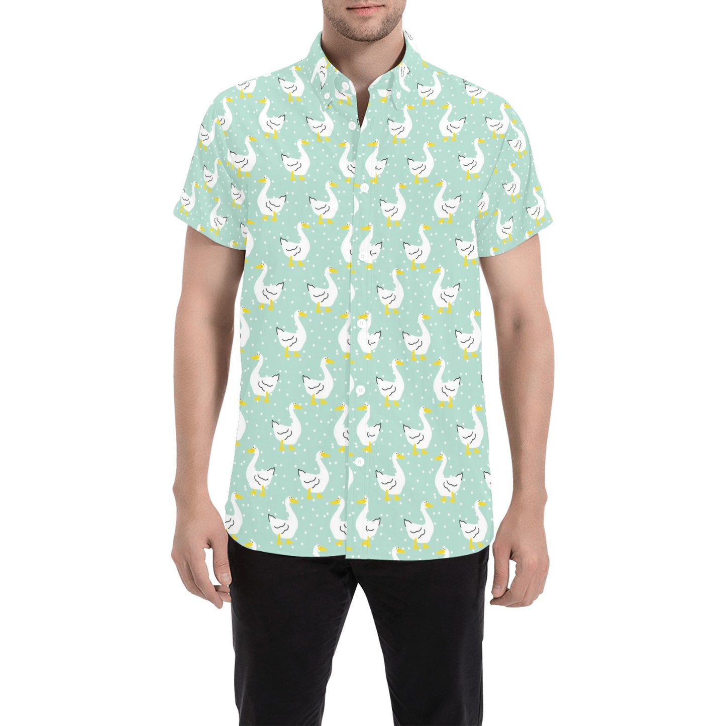 Goose Print Design LKS404 Men Short Sleeve Button Up Shirt
