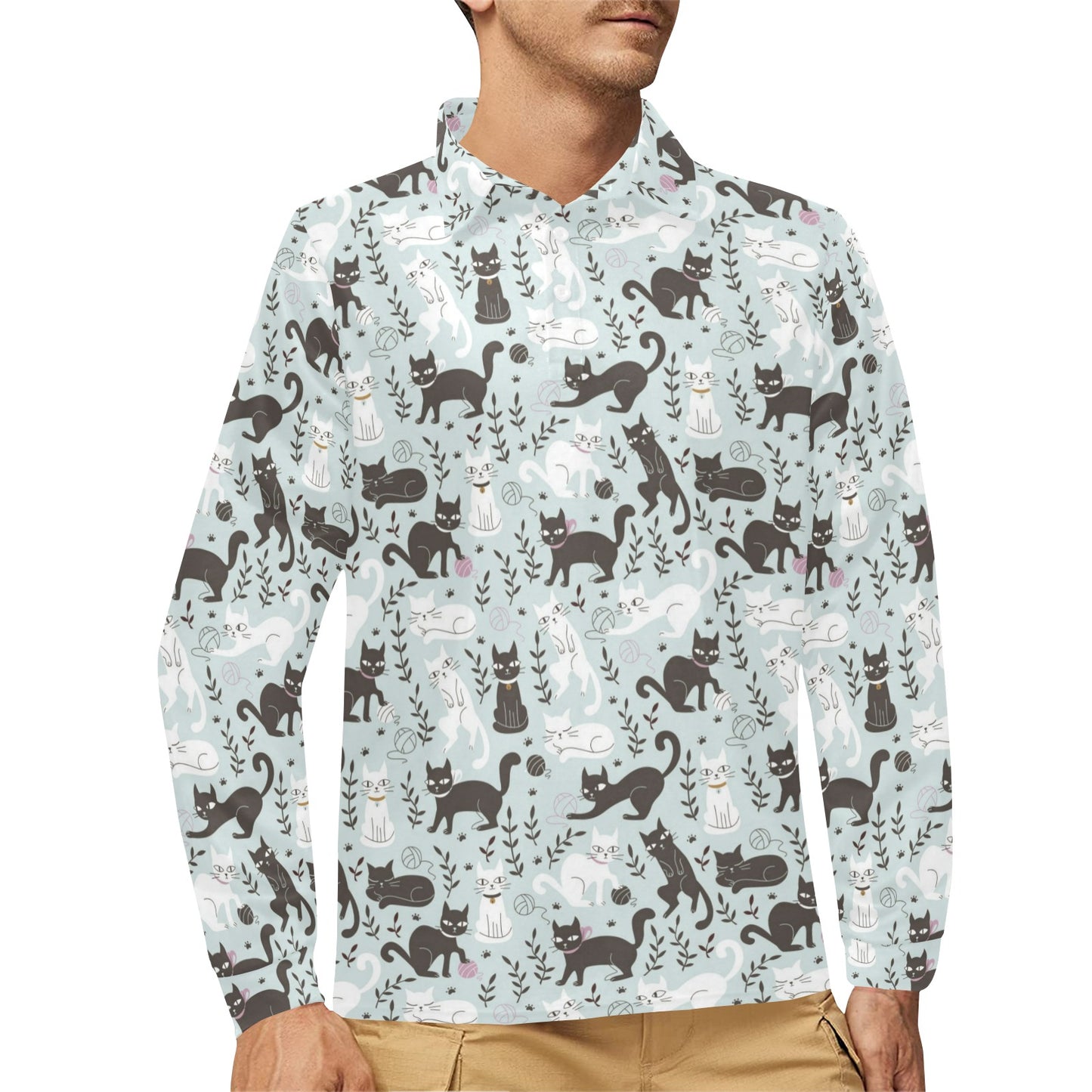 Cat Pattern Print Design 08 Long Sleeve Polo Shirt For Men's