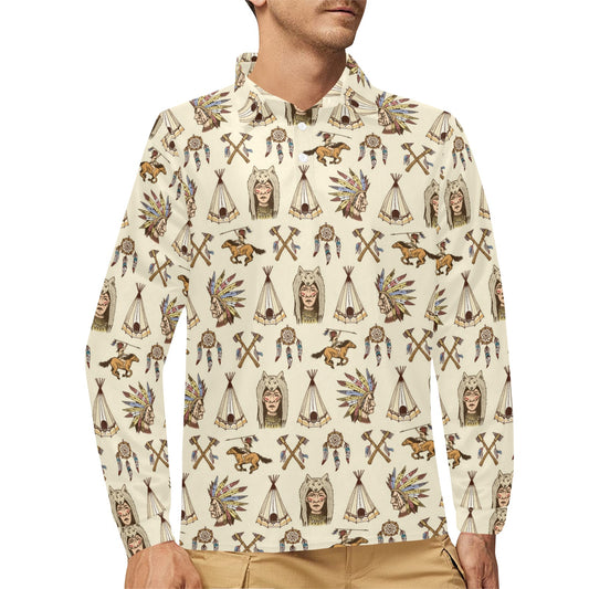Native Indian Pattern Design Print Long Sleeve Polo Shirt For Men's
