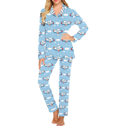 Airplane Cartoon Pattern Print Design 07 Women's Long Pajama Set