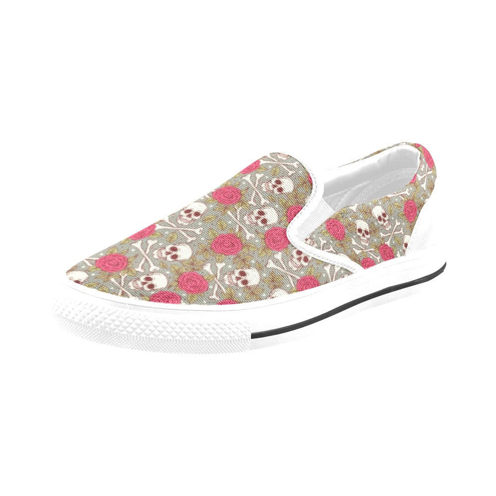 Skull Bone Rose Print Design LKS303 White Slip Ons Canvas Women's Shoes