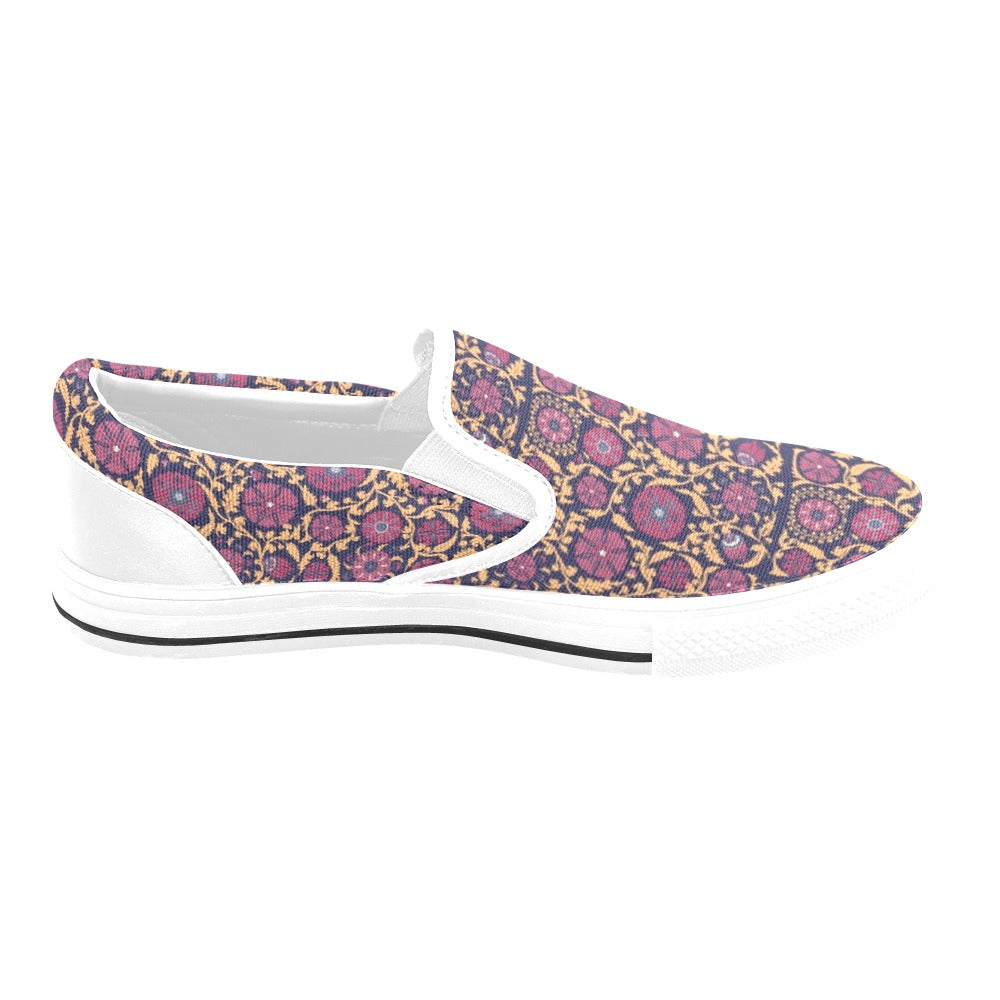 Suzani Print Design LKS303 White Slip Ons Canvas Women's Shoes