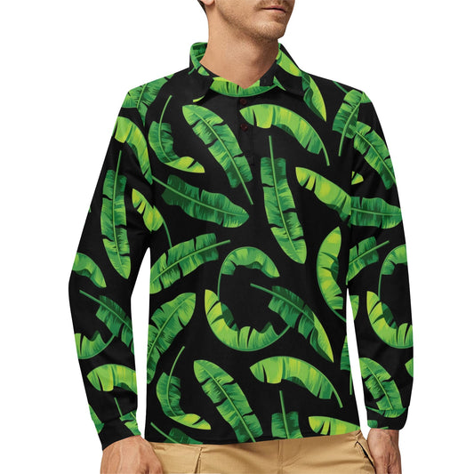 Banana Leaf Pattern Print Design BL02 Long Sleeve Polo Shirt For Men's