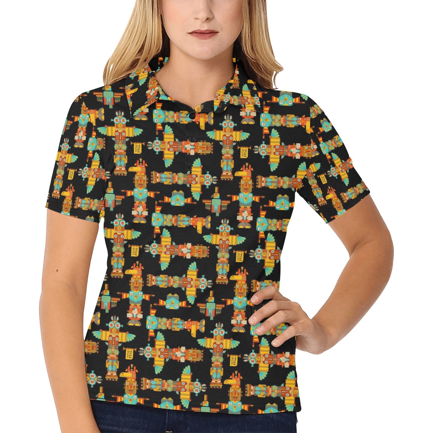Totem Pole Cartoon Print Women's Polo Shirt