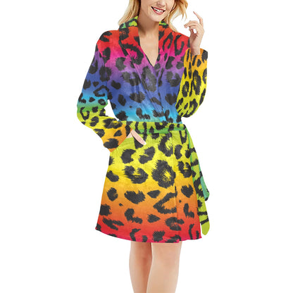 Rainbow Leopard Pattern Print Design A01 Women's Fleece Robe