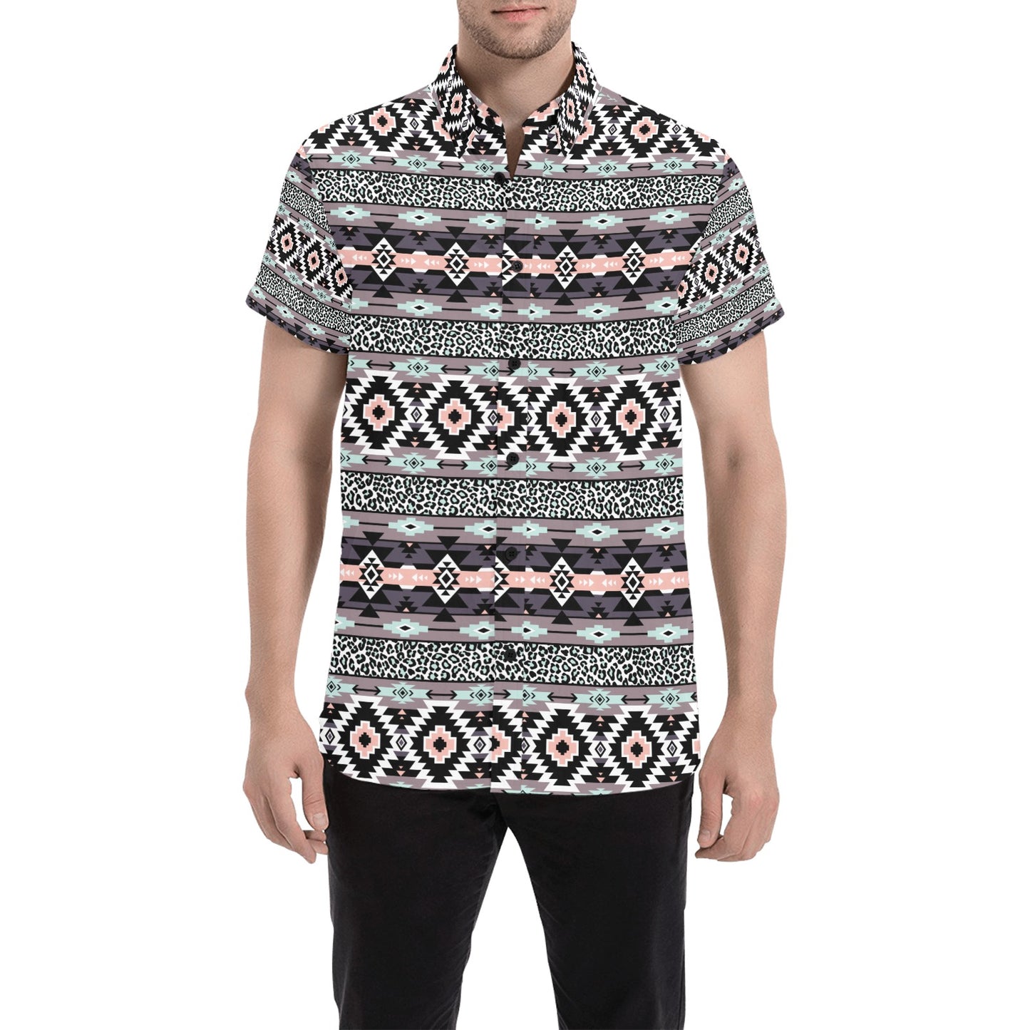 Safari Pattern Print Design LKS302 Men Short Sleeve Button Up Shirt