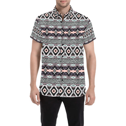 Safari Pattern Print Design LKS302 Men Short Sleeve Button Up Shirt